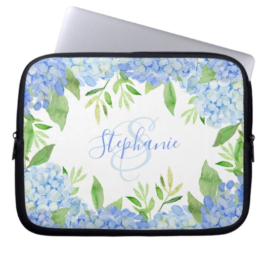 Modernes Blaulblau-Hydrangea Wasserfarbenmonogramm Laptopschutzhülle (Vorderseite)