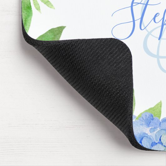 Modernes Blaulblau-Hydrangea Wasserfarbenmonogramm Mousepad (Ecke)