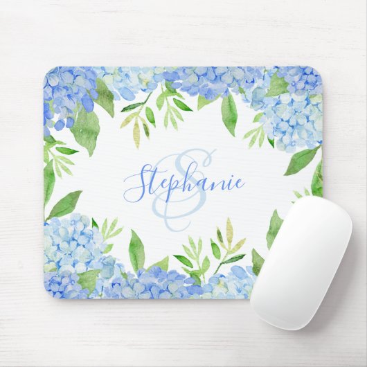 Modernes Blaulblau-Hydrangea Wasserfarbenmonogramm Mousepad (Mit Mouse)