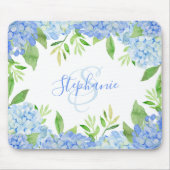 Modernes Blaulblau-Hydrangea Wasserfarbenmonogramm Mousepad (Vorne)