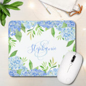 Modernes Blaulblau-Hydrangea Wasserfarbenmonogramm Mousepad