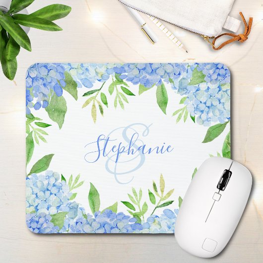 Modernes Blaulblau-Hydrangea Wasserfarbenmonogramm Mousepad