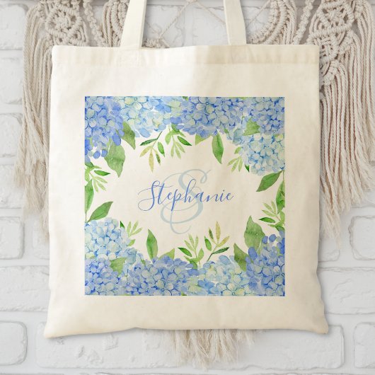 Modernes Blaulblau-Hydrangea Wasserfarbenmonogramm Tragetasche