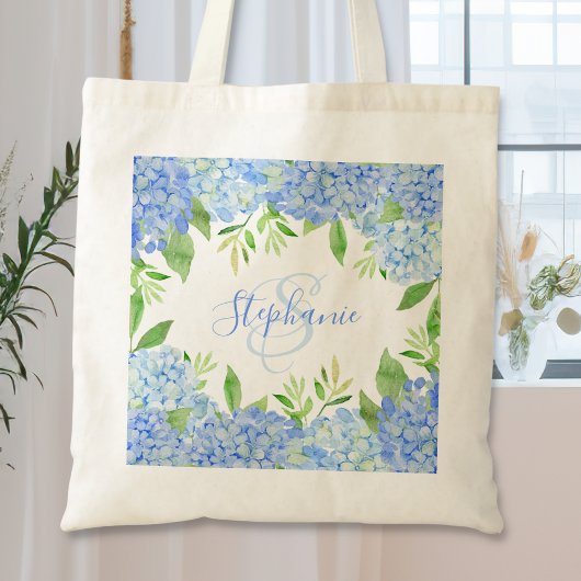 Modernes Blaulblau-Hydrangea Wasserfarbenmonogramm Tragetasche
