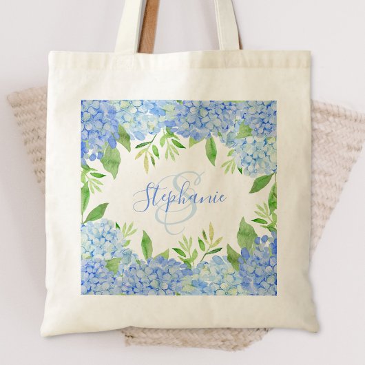 Modernes Blaulblau-Hydrangea Wasserfarbenmonogramm Tragetasche