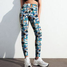 Modernes Blaupalm Tropical Checked Abstrakt Patter Leggings