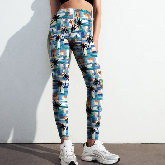 Modernes Blaupalm Tropical Checked Abstrakt Patter Leggings