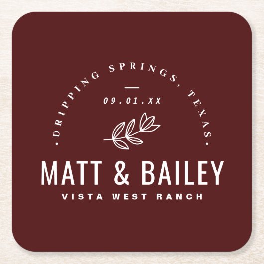 Modernes Bloom Wedding Monogram | Burgund Rechteckiger Pappuntersetzer (Vorderseite)