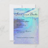 Modernes Blue Abstrakt Beach Wedding Save the Date (Vorderseite)