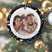 Modernes Blue and Gold Christmas Leaf Round Foto Keramik Ornament