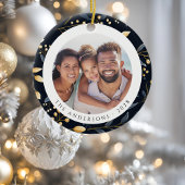 Modernes Blue and Gold Christmas Leaf Round Foto Keramik Ornament