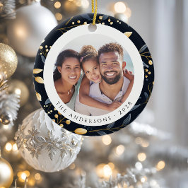 Modernes Blue and Gold Christmas Leaf Round Foto Keramik Ornament