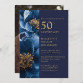 Modernes Blue and Gold Floral 50 Jahre Foto Einladung (Vorne/Hinten)