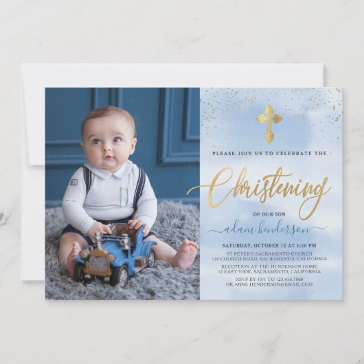 Modernes Blue and Gold Foto Boy Christening Einladung (Vorderseite)
