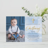 Modernes Blue and Gold Foto Boy Christening Einladung (Stehend Vorderseite)