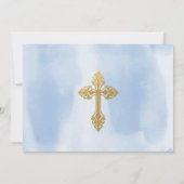 Modernes Blue and Gold Foto Boy Christening Einladung (Rückseite)