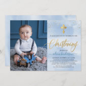 Modernes Blue and Gold Foto Boy Christening Einladung (Vorne/Hinten)