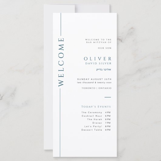 Modernes Blue Bar Mitzvah Programmkarte Zeitplan (Vorderseite)