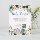 Modernes Blue Blush Pink Floral Pumpkin Baby Dusch Einladung (Stehend Vorderseite)
