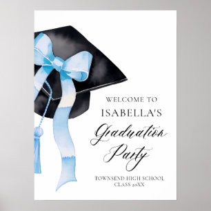 Modernes Blue Bow Coquette Graduation Cap Willkomm Poster