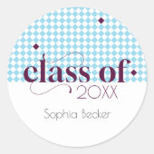 Modernes Blue Burgundy Graduation Cap Muster Runder Aufkleber (Vorderseite)