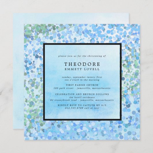 Modernes Blue Christening Einladung (Vorne/Hinten)