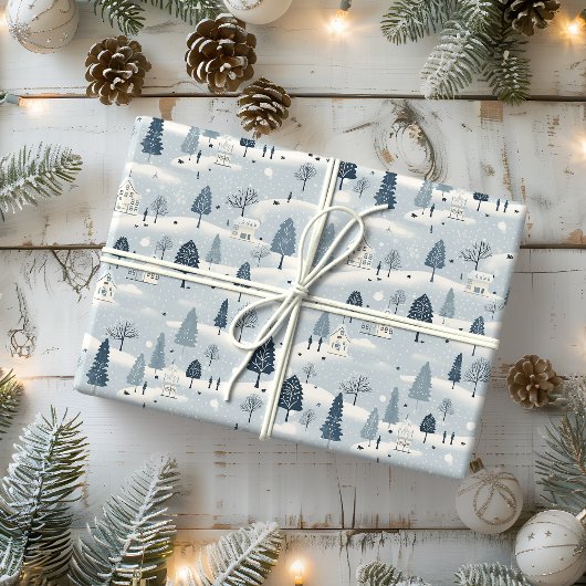 Modernes Blue Christmas Village Geschenkpapier