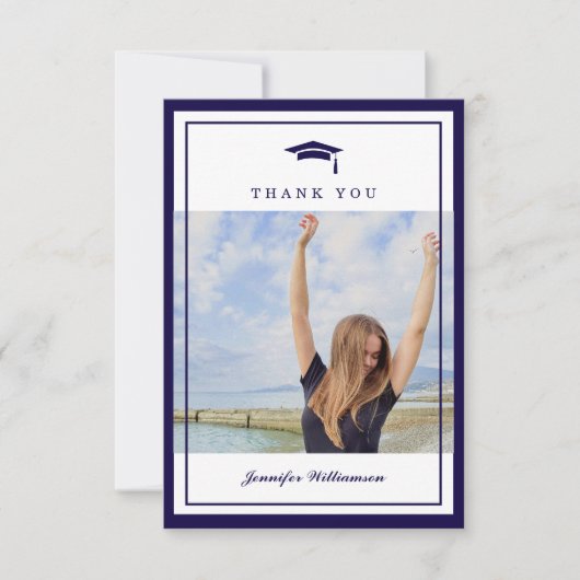 Modernes Blue Elegante Script Abschluss Foto Dankeskarte (Vorderseite)