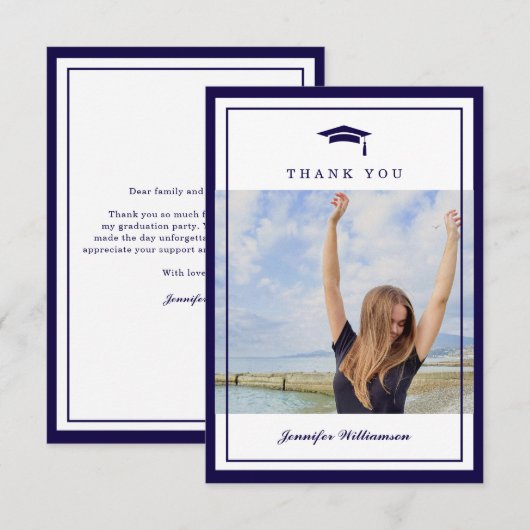 Modernes Blue Elegante Script Abschluss Foto Dankeskarte (Vorne/Hinten)