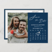 Modernes Blue Elegante Script-Foto Save the Date Ankündigungspostkarte (Vorne/Hinten)