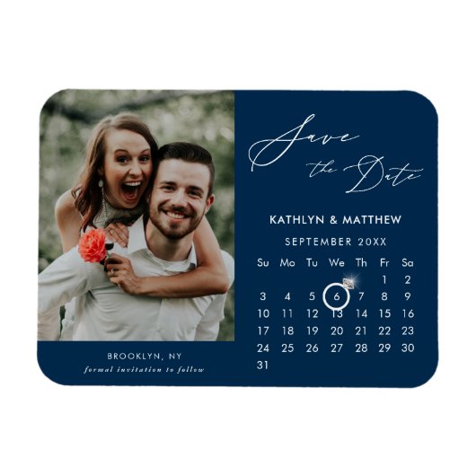 Modernes Blue Elegante Script-Foto Save the Date Magnet (Horizontal)