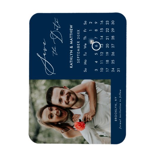 Modernes Blue Elegante Script-Foto Save the Date Magnet (Vertikal)