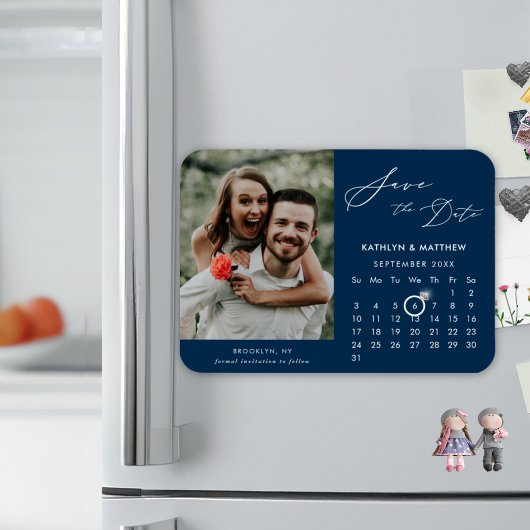 Modernes Blue Elegante Script-Foto Save the Date Magnet