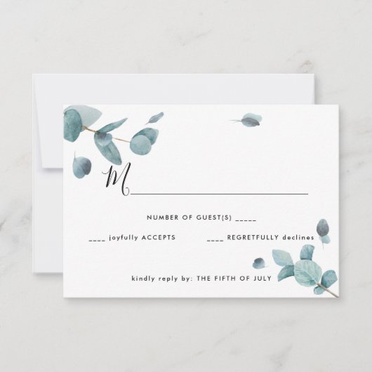 Modernes Blue Eucalyptus Wedding RSVP Karte (Vorderseite)