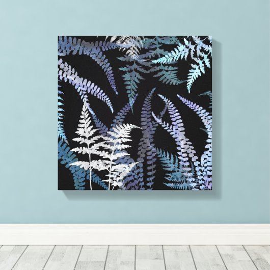 Modernes Blue Fern Elegantes Botanisches Abstrakt Leinwanddruck (Insitu (Holzboden))