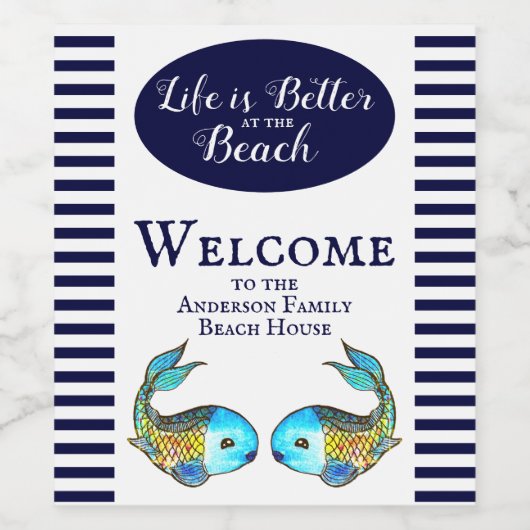 Modernes Blue Fish Beach House Willkommen Weinetikett (Einzelnes Label)