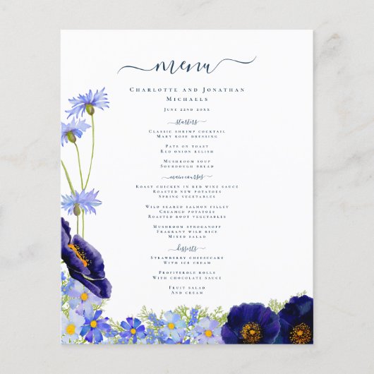 Modernes Blue Floral Boho Wedding Menu (Vorderseite)