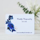 Modernes Blue Floral Gold Swirt Hochzeit RSVP (Stehend Vorderseite)