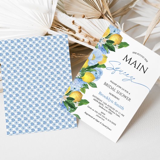 Modernes Blue Floral Lemon Themed Brautparty Einladung