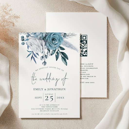 Modernes Blue Florals QR Code Hochzeit Einladung