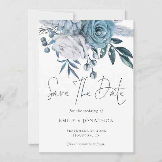 Modernes Blue Florals QR Code Hochzeit Save The Date (Vorderseite)