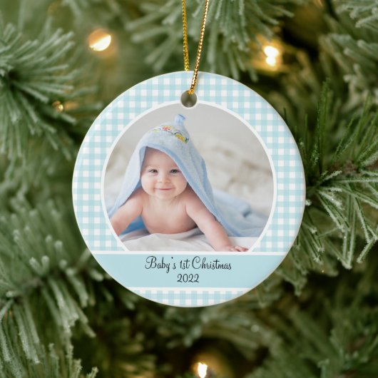 Modernes Blue Gingham Baby Foto Keramik Ornament (Baum)