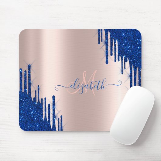 Modernes Blue Glitzer Tropfen Rose Gold Monogram Mousepad (Mit Mouse)
