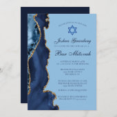 Modernes Blue Gold Agate Bar Mitzvah Party Einladung (Vorne/Hinten)