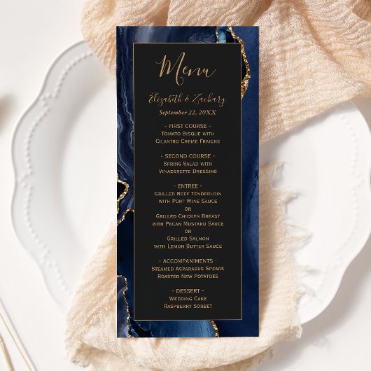 Modernes Blue Gold Agate Dark Wedding Menu Menükarte
