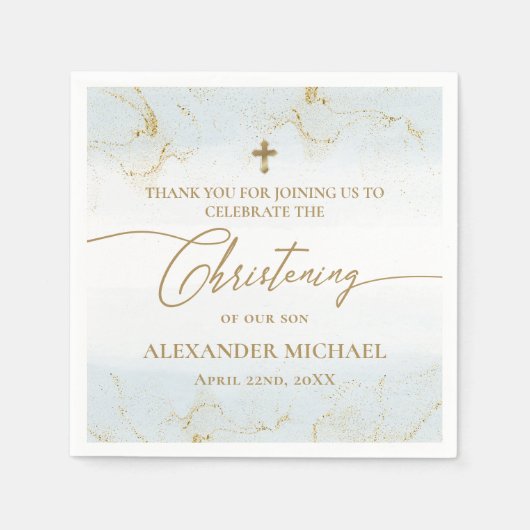 Modernes Blue Gold Cross Boy Christening Serviette (Vorderseite)