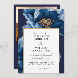 Modernes Blue Gold Floral Foto QR Code Hochzeit Einladung