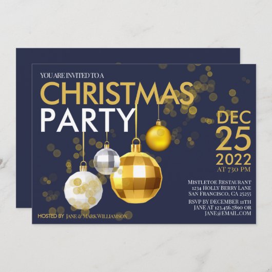 Modernes Blue Gold Glitzer Ornament Weihnachts-Par Einladung (Vorne/Hinten)