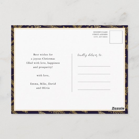 Modernes Blue Gold Pine Bough Elegantes Script BLE Postkarte (Rückseite)