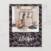 Modernes Blue Gold Pine Bough Elegantes Script BLE Postkarte (Vorderseite)